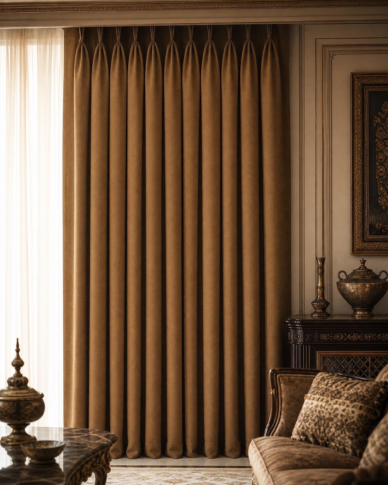Triple pinch pleat camel wool-linen curtains in a formal Dubai salon