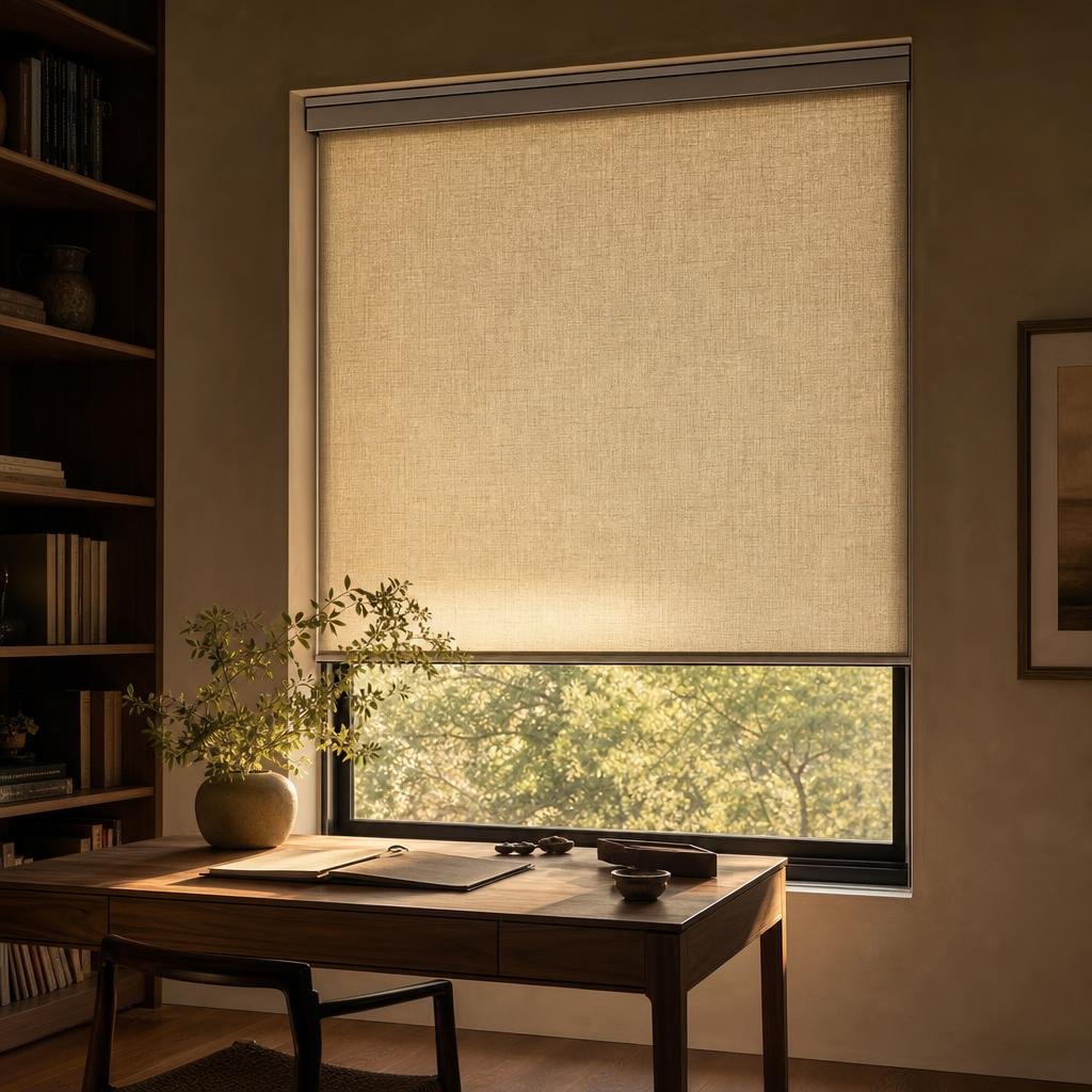 Single tensioned linen roller blind three-quarters drawn in a sunlit walnut study