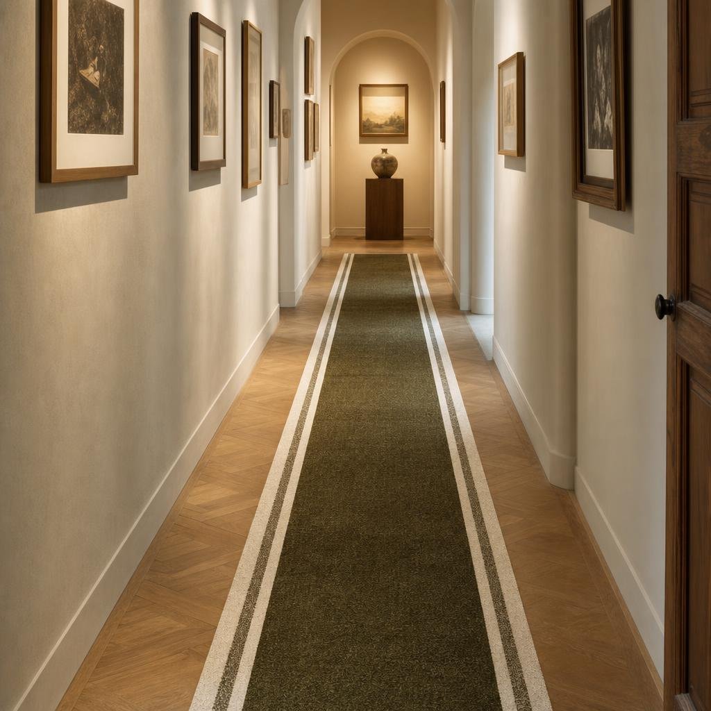 Long olive and bone wool runner carpet stretching down a softly lit gallery corridor