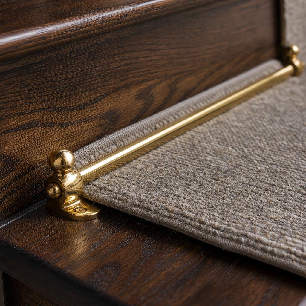 Polished brass stair rod holding a linen wool runner against a stained oak stair tread