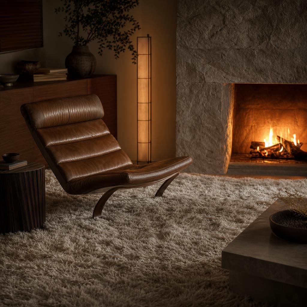 Long pile oatmeal shaggy wool carpet beside a leather lounge chair and stone fireplace