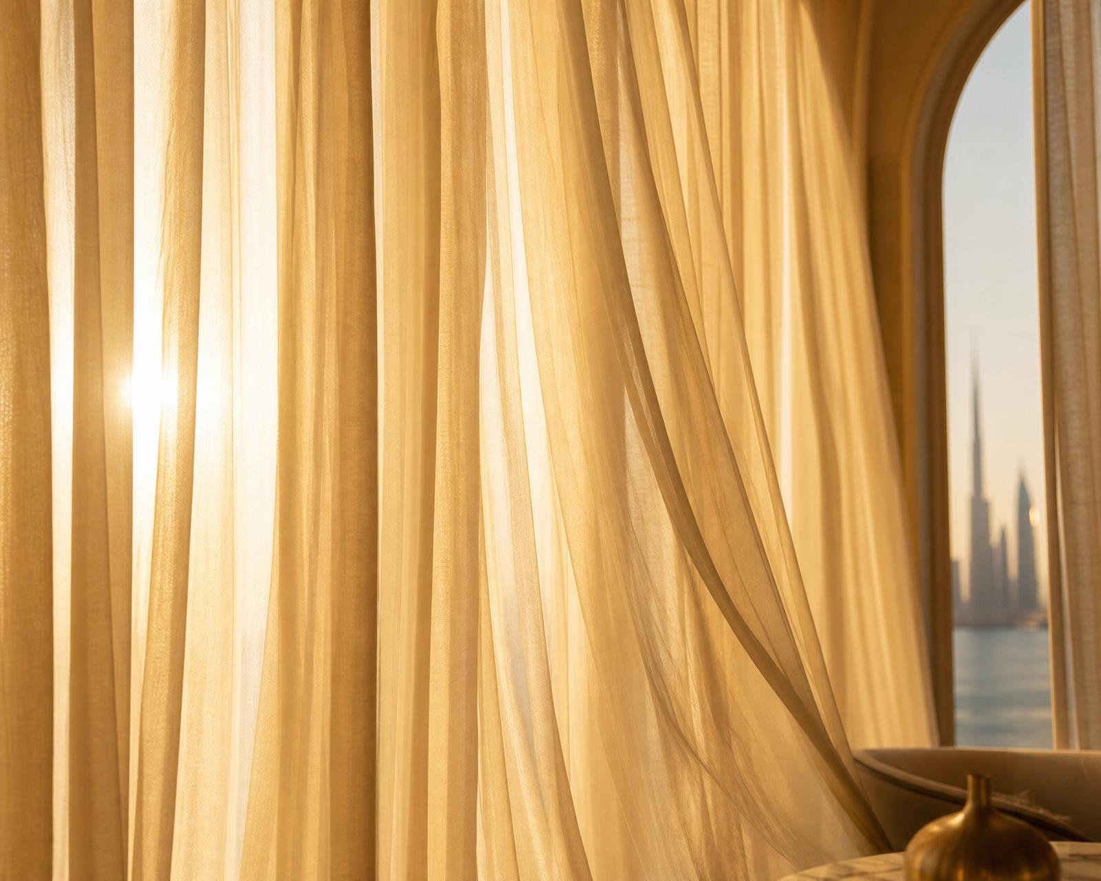 Floor to ceiling sheer silk gauze curtains against an arched Dubai window
