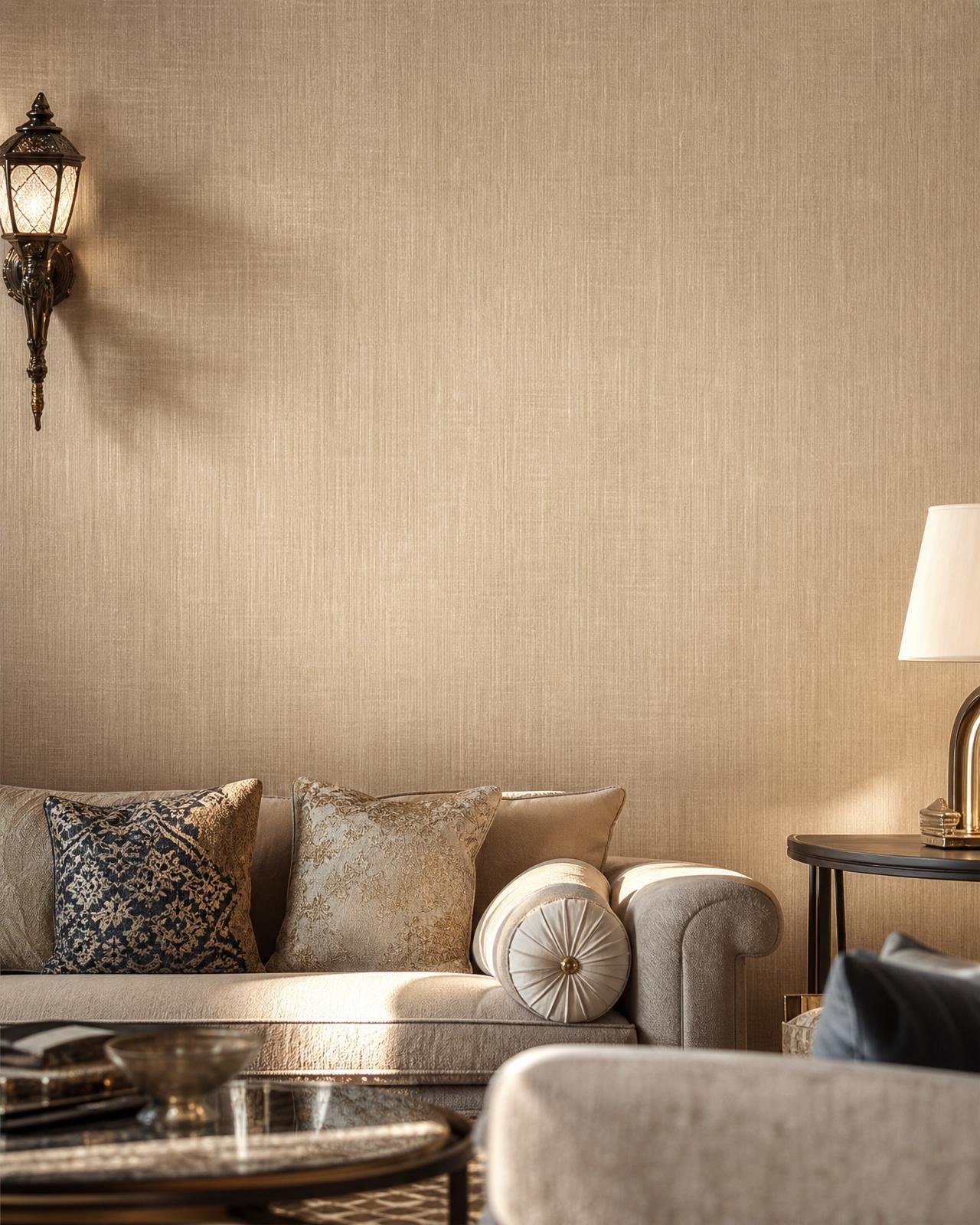 Pale champagne silk wallpaper in a formal Dubai sitting room with antique sconce