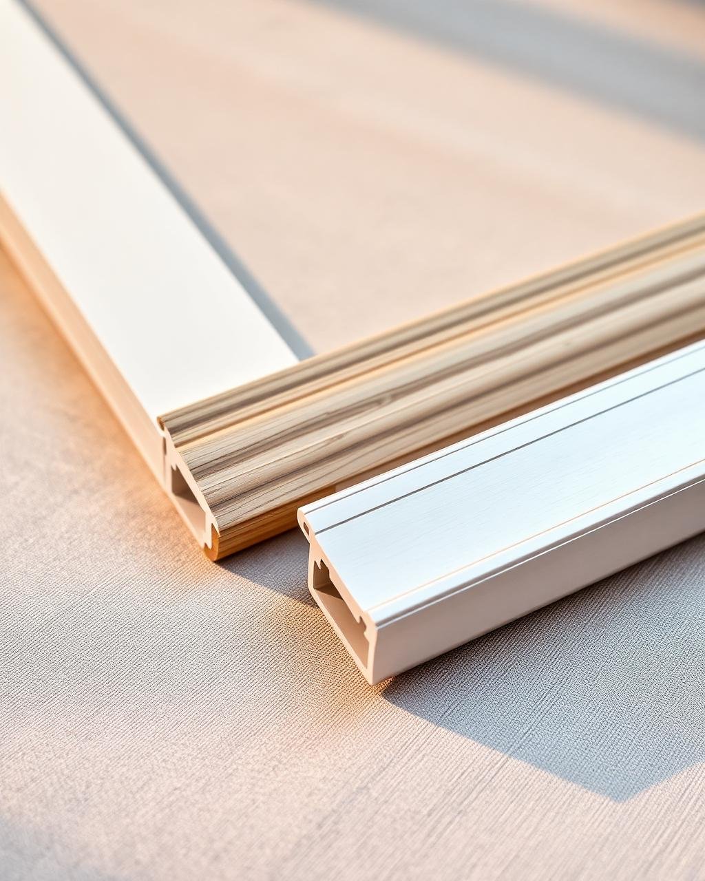 PVC, WPC and aluminium skirting profile samples laid out on linen
