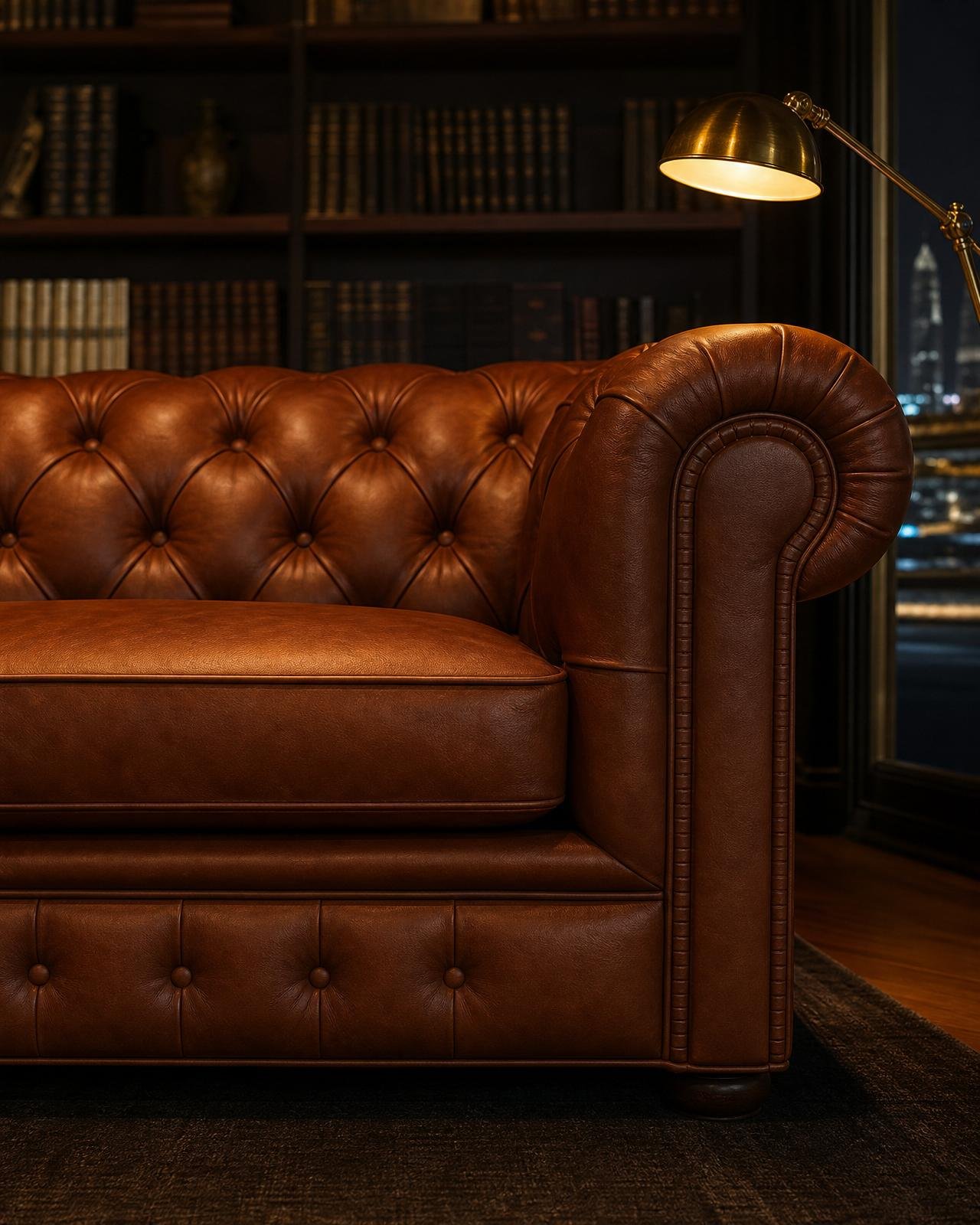 Reupholstered cognac leather chesterfield sofa in a Dubai library
