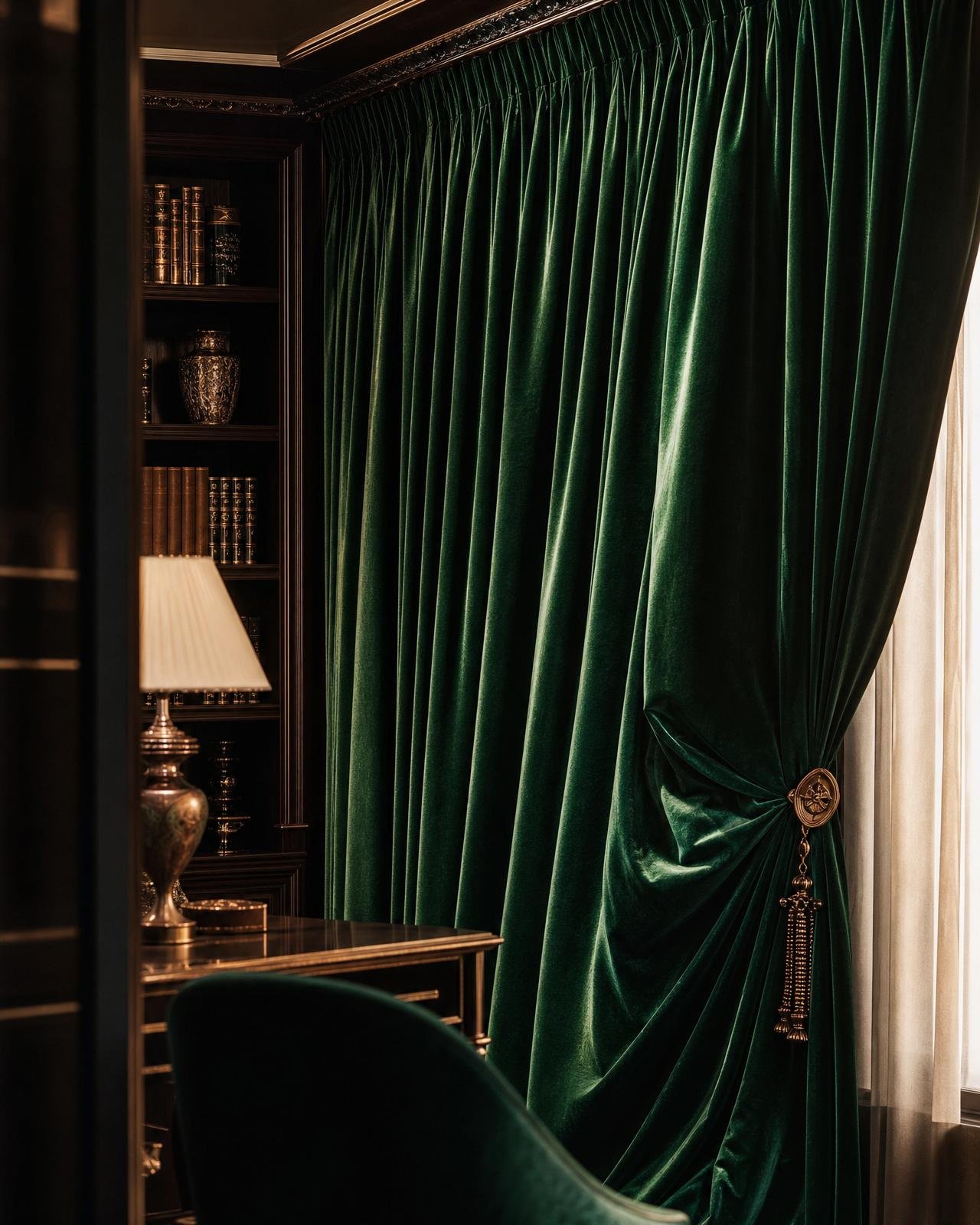 Deep emerald silk-velvet drapery in a private Dubai library