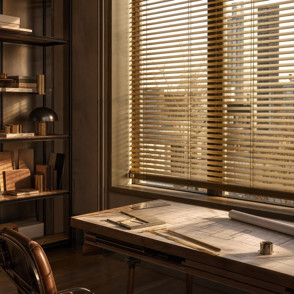 PVD-brass 25mm Venetian blinds in a designer studio with drafting desk in foreground