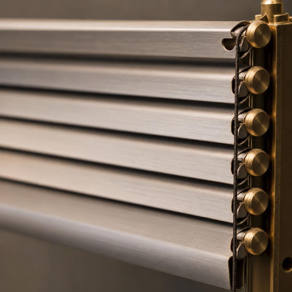 Macro of stacked brushed aluminium Venetian blind slats with brass tilt mechanism end-cap