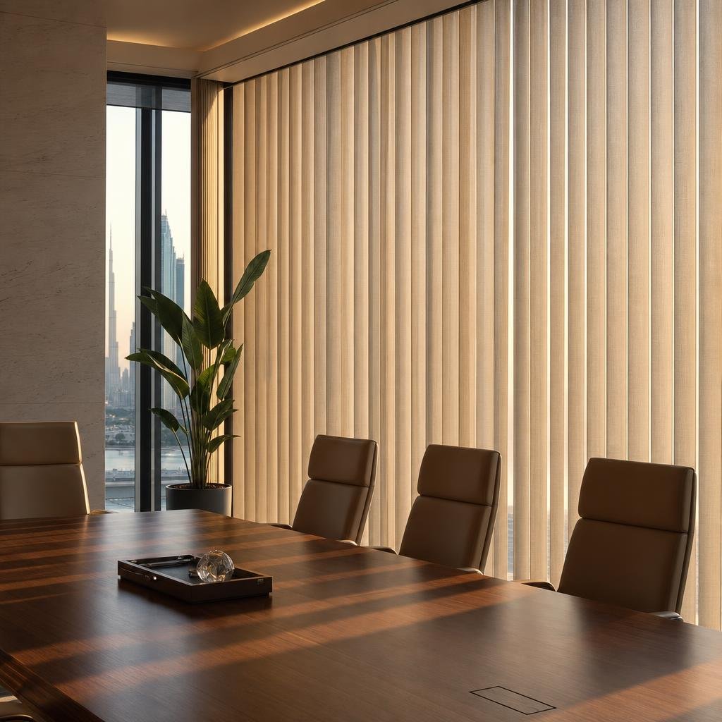 Floor to ceiling linen vertical blinds in a Dubai boardroom at late afternoon