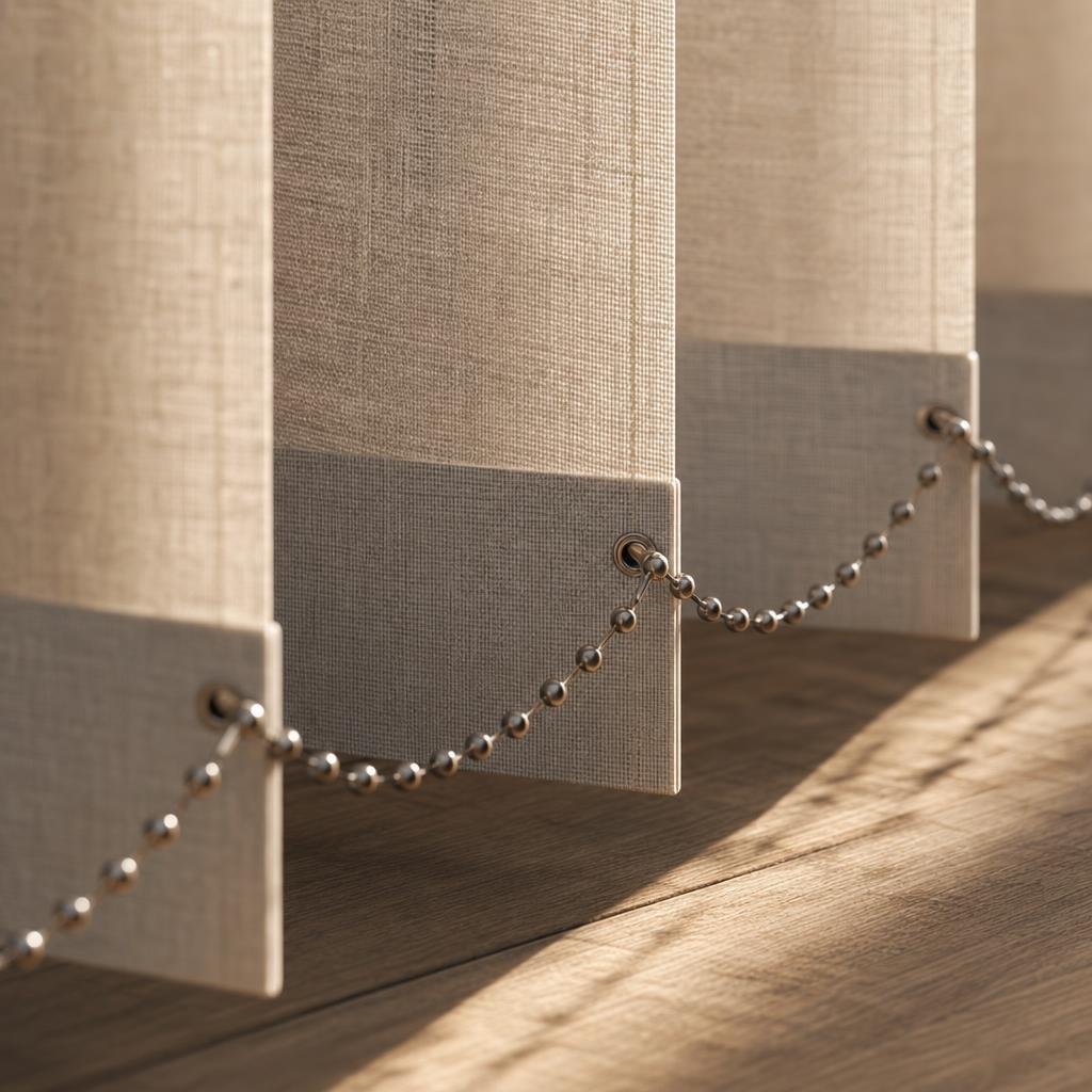 Tight detail of bottom-weight chain linking linen vertical blind vanes at floor level