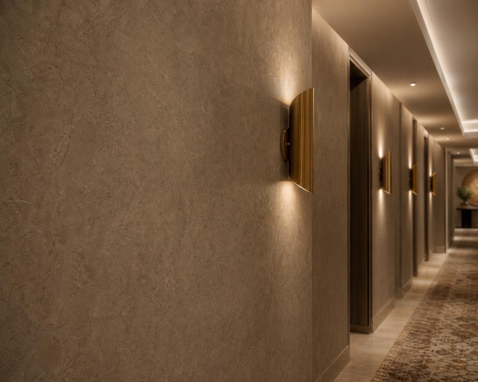 Stone-effect commercial vinyl wallpaper in taupe along a Dubai boutique hotel corridor
