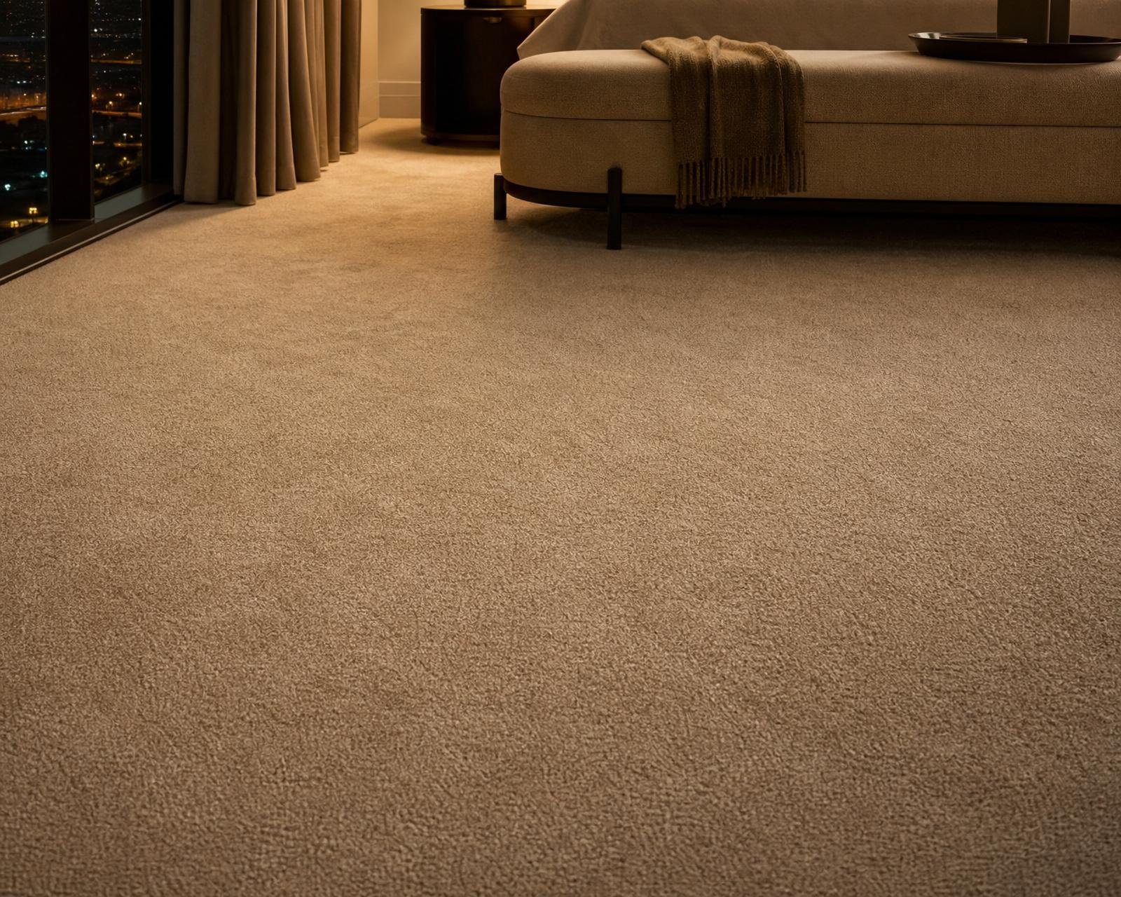 Warm oatmeal wall-to-wall wool carpet in a Dubai principal bedroom at night