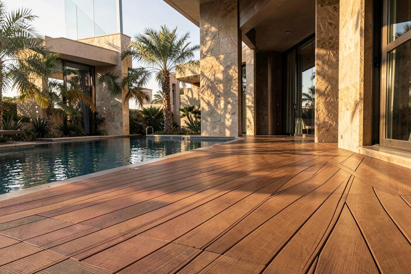 Full-solid WPC composite decking in a teak tone on a luxury Dubai villa pool terrace at golden hour