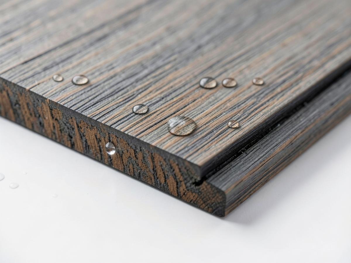 Macro of a full-solid WPC decking board showing its brushed woodgrain surface, board edge and joint