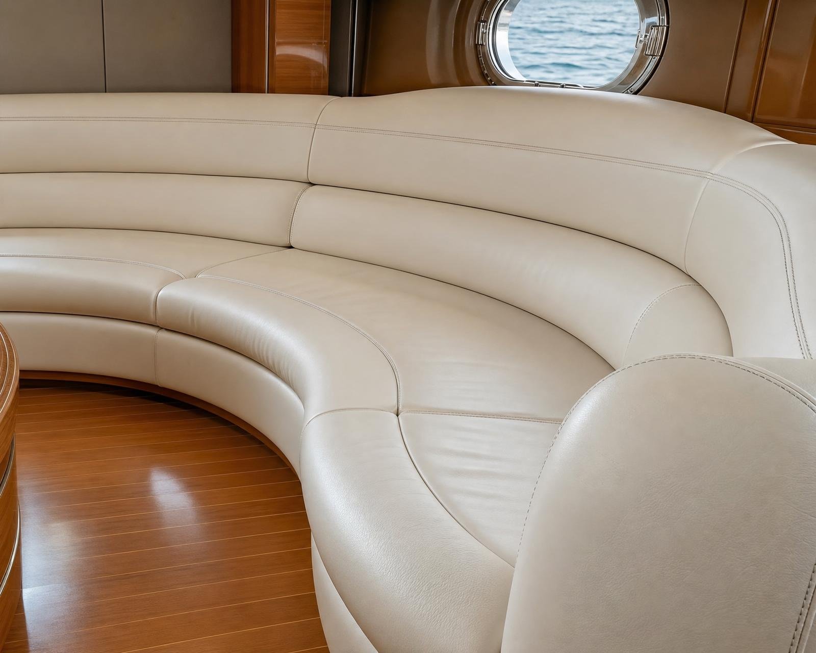 Curved ivory leather yacht seating in a Dubai luxury yacht salon