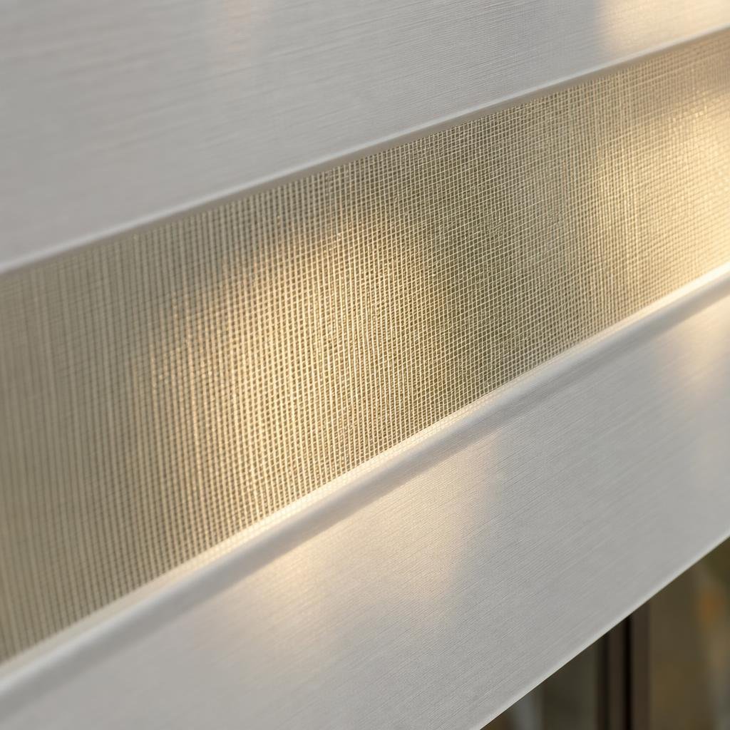 Tight macro of zebra blind aligned sheer voile and opaque bands in afternoon light