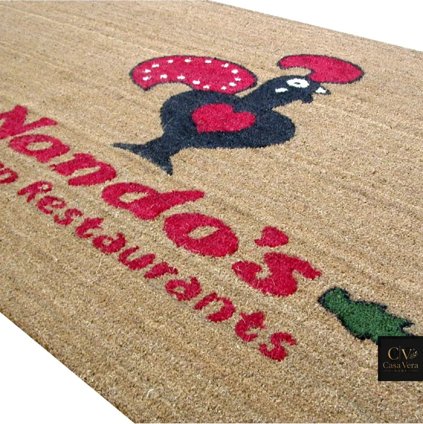 Natural coir logo mat with a coloured restaurant emblem inlaid into the fibre