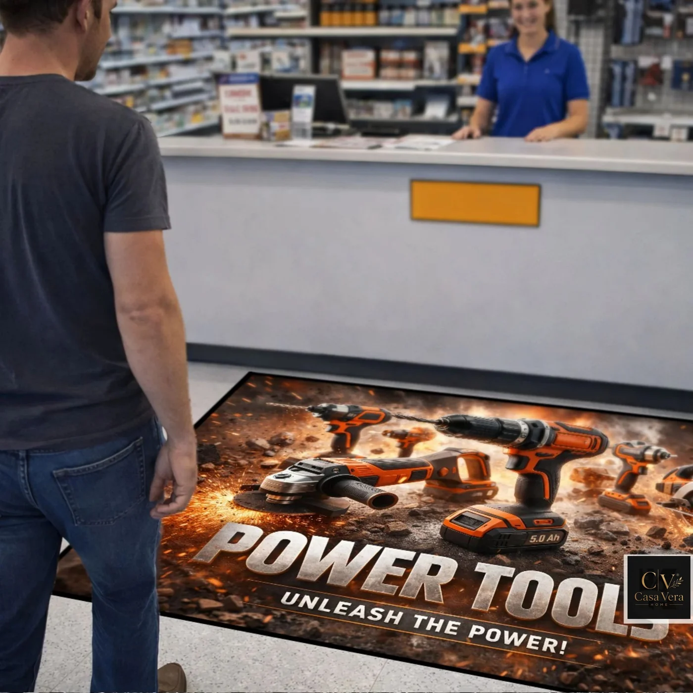 Printed Subli Mat Glide counter mat with product imagery at a retail service counter