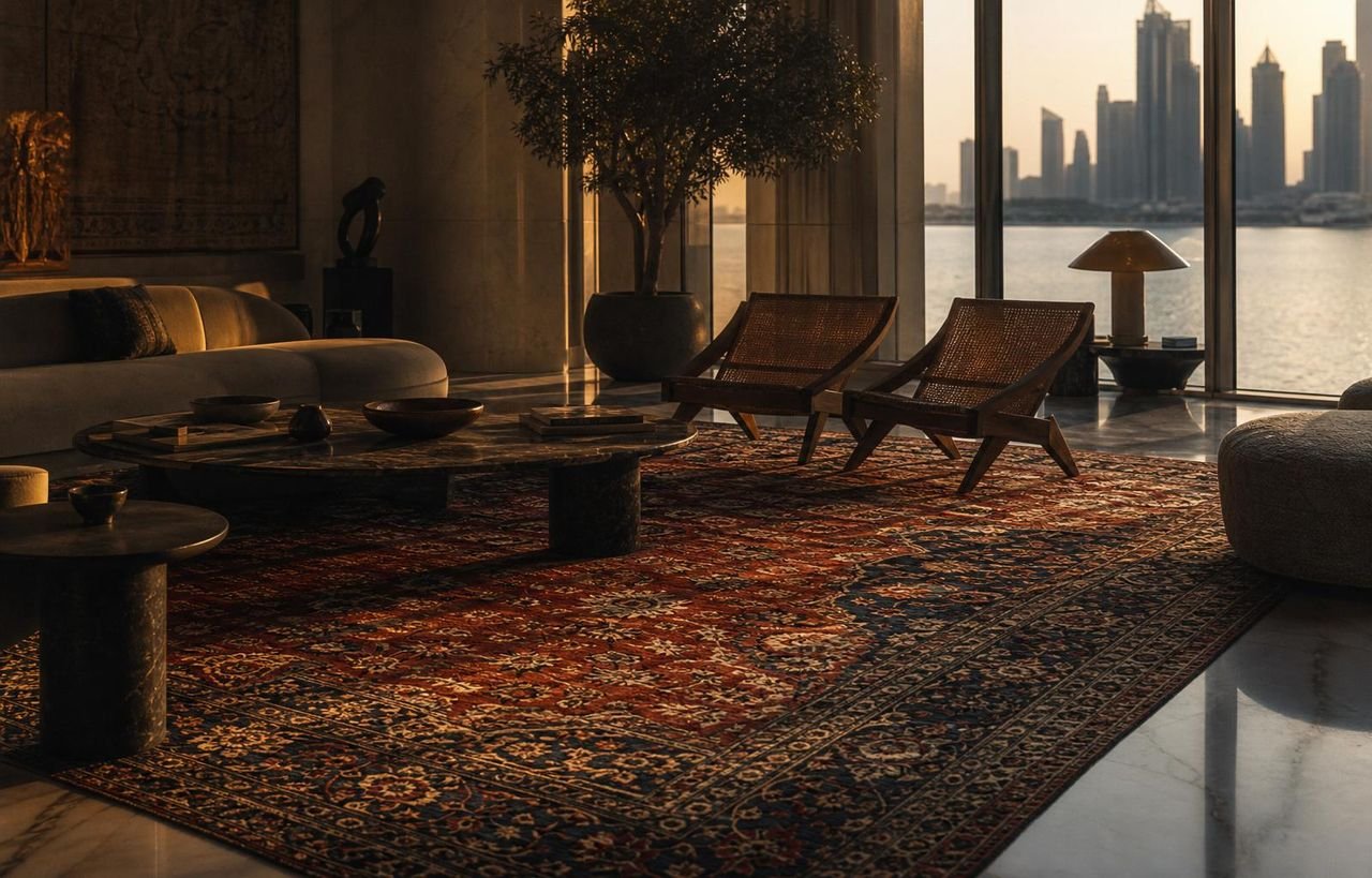 A hand-knotted Persian carpet anchoring a Dubai penthouse salon at golden hour with the city skyline beyond