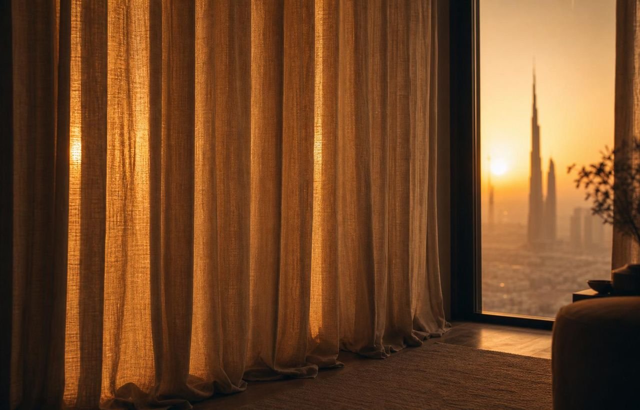 Floor-to-ceiling bespoke linen drapery in a Dubai penthouse at golden hour, Burj Khalifa beyond the window