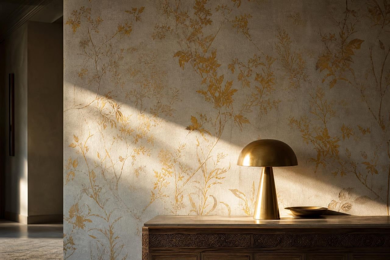 Hand-printed botanical wallpaper feature wall in a Dubai foyer at golden hour with sculptural brass lamp