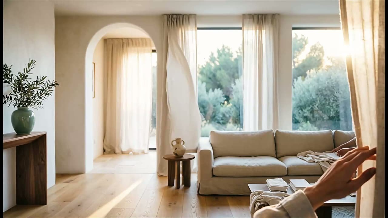 Arched entry into a sunlit Casavera living room, sheer linen drifting at the windows