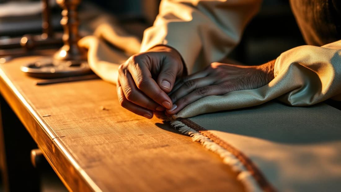 A Casavera artisan hand-finishing a textile in warm natural light